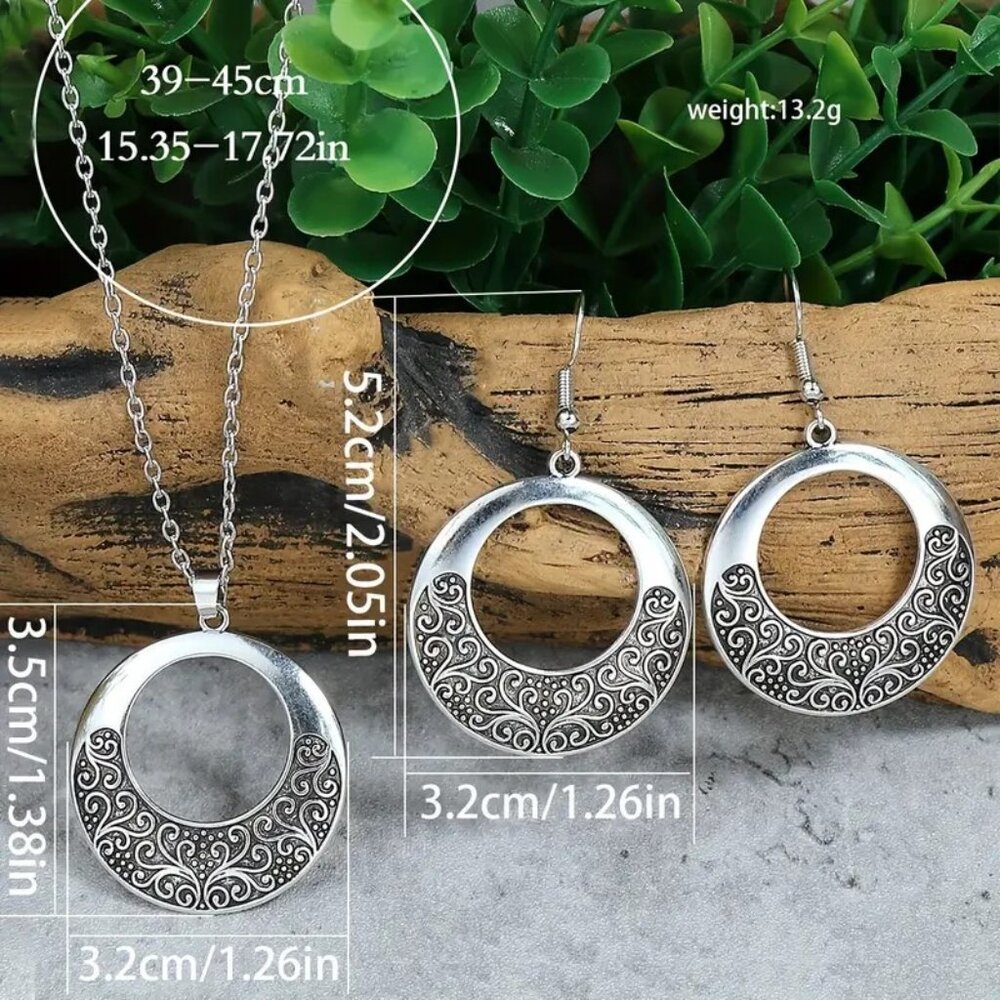 Necklace & Earrings 3pc Filigree Swirls Silver Round Dangle Boho Trendy Stylish - Picture 3 of 4
